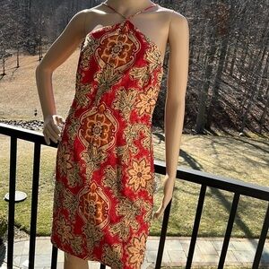Muse stunning red pink/tan flora print beaded cocktail dress